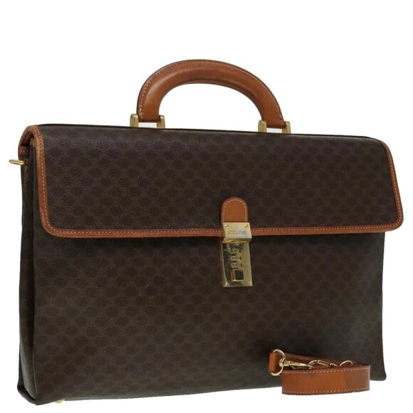 CELINE Macadam Canvas Hand Bag PVC Leather 2way Brown Gold Auth bs18259 - Picture 1 of 15